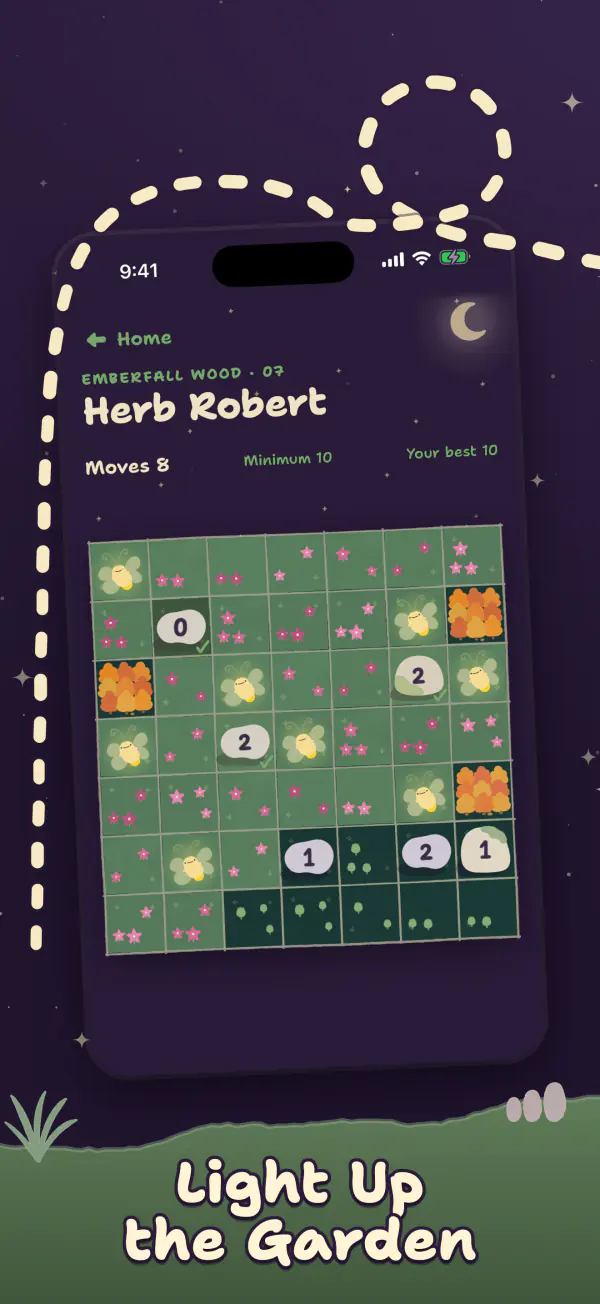 A garden in Emberfall Wood called Herb Robert, partly lit, with fireflies on the board and numbered stones between them. Caption: Light up the garden.