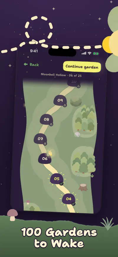 100 gardens to wake: the Moonbell Hollow map.