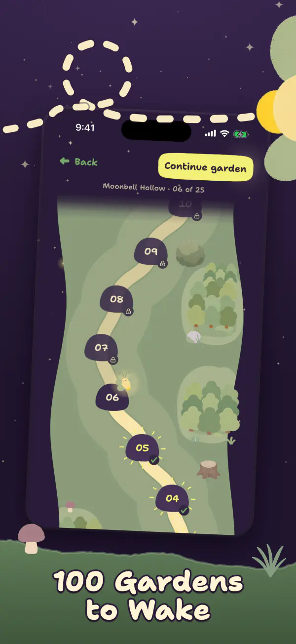 The Moonbell Hollow map, a winding path of numbered gardens with a Continue garden button. Caption: 100 gardens to wake.