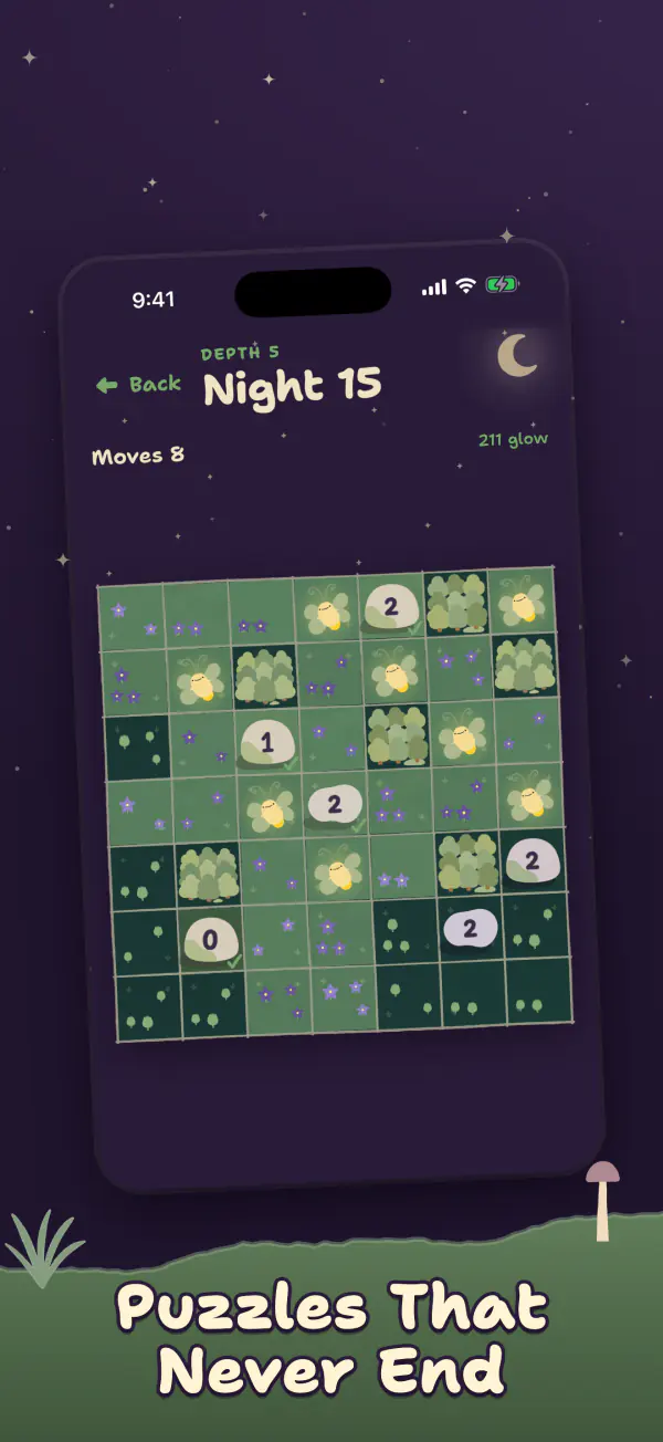 Endless Night at depth 5, night 15, a bigger garden full of fireflies. Caption: Puzzles that never end.