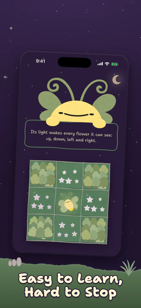 The practice garden. The firefly says its light wakes every flower it can see, up, down, left and right. Caption: Easy to learn, hard to stop.