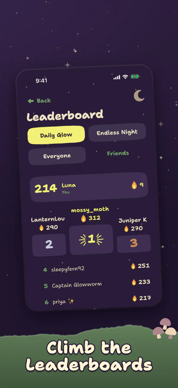 The Daily Glow leaderboard in Game Center, with the top three players and your own place. Caption: Climb the leaderboards.